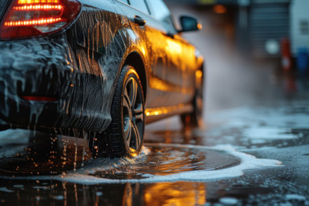 Car Driving Through Puddle of Waterの素材