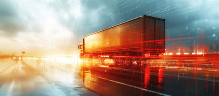 Large Truck Traveling Down Highway Under Cloudy Skyの素材