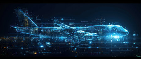 Large Airplane Flying Over a City at Night, technology conceptの素材