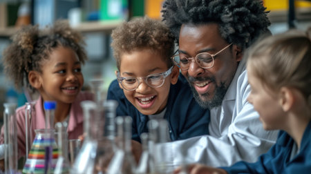 happy african american teacher in eyeglasses and afro american kids in chemistry classの素材