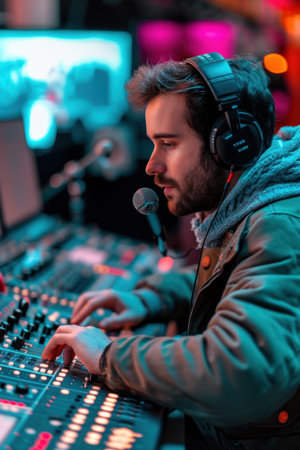 selective focus of sound engineer in headphones working on mixing console in nightclubの素材