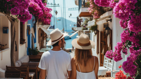 A Man and a Woman Walking Down a Greek island Streetの素材