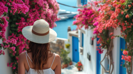 A Woman in a Hat Walking Down a Narrow Street, the Greek seashoreの素材