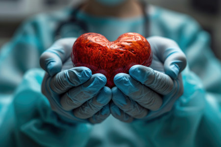 Doctor in Blue Gloves Holding a Red Heartの素材