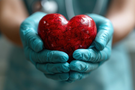 Doctor in Blue Gloves Holding a Red Heartの素材