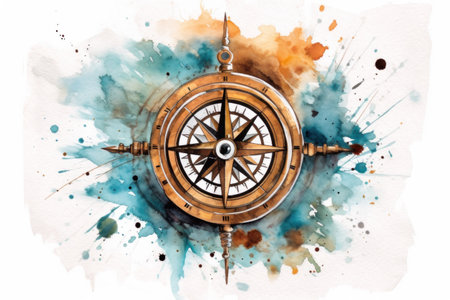 Watercolor Painting of a Compass on a White Backgroundの素材