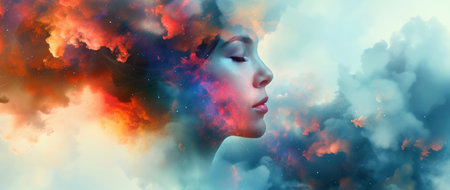 Double exposure of beautiful woman face and colorful clouds. 3D renderingの素材