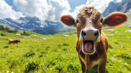 Funny cow in the alpine meadow on a sunny dayの素材