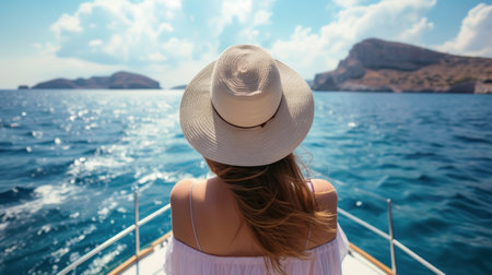 Young woman in white hat on a yacht in the Aegean Seaの素材