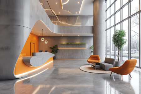 Interior of modern office waiting room with white walls, concrete floor, orange reception desk with orange armchairs and coffee table. 3d renderingの素材