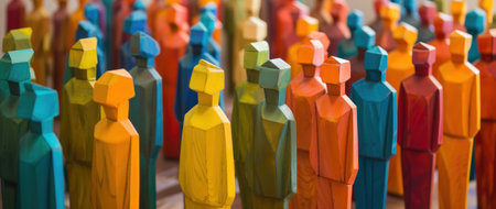 Colored wooden figures of people stand in a row on a wooden tableの素材