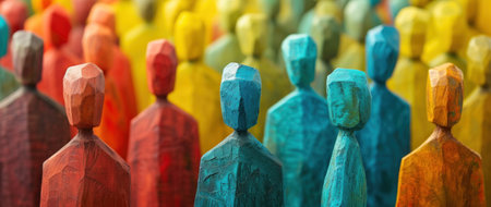 Colorful Wooden People Standing in a Rowの素材