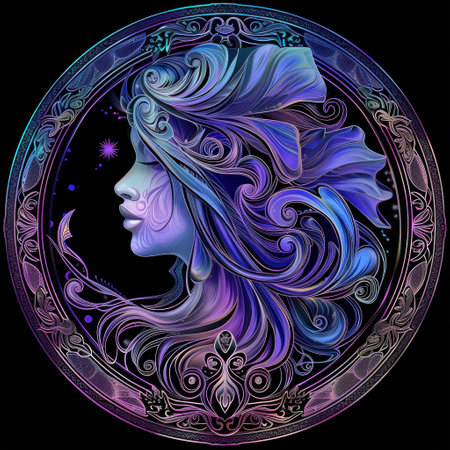 Zodiac sign Aquarius. Astrological horoscope circle with beautiful woman. Zodiac background.の素材