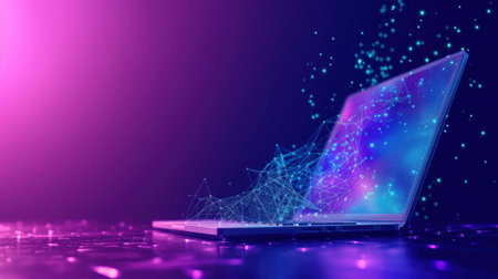 Laptop Computer on Purple and Blue Background, start up global business connectionの素材