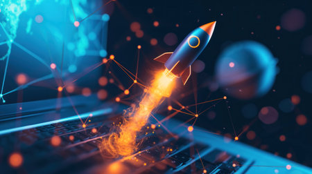 Rocket Soaring From Laptop Screen, global business connection conceptの素材