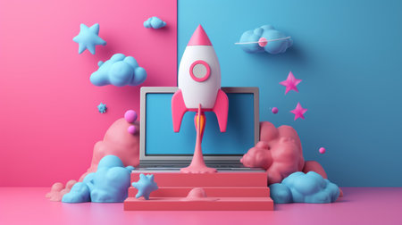 Rocket and cloud on blue and pink background. 3d rendering.の素材