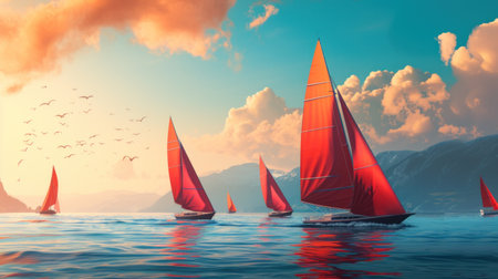 A Painting of a Group of Sailboats in the Oceanの素材