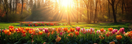 Field of Flowers With Sunlight Through the Treesの素材