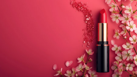 Lipstick on Pink Background With Flowersの素材