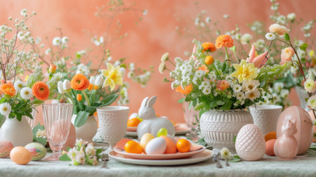 Table Adorned With Vases of Flowers and Eggsの素材