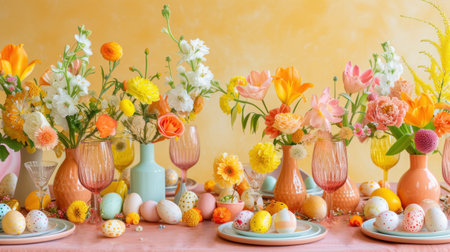 Table Topped With Vases Filled With Flowers and Eggsの素材