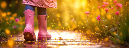 Little Girl in Pink Rain Boots Walking in the Rainの素材