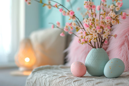 Vase Filled With Flowers and Eggs on a Bedの素材