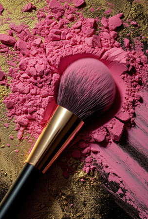 Pink Makeup Brush Resting on Top of a Pile of Powderの素材