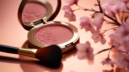 Close-Up of makeup product, showing a close-up of a powdered blush and a brushの素材