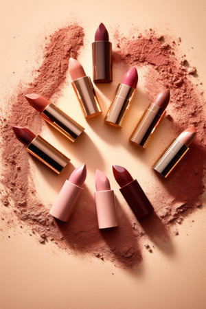 Group of Lipsticks Arranged in a Circle with powder decorationの素材