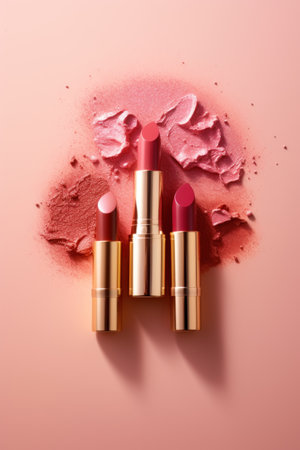 Three Lipsticks on a Pink Background with powder decorationの素材