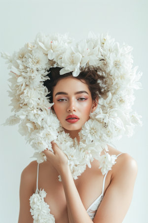 Woman in a White Dress With Flowers on Her Head fashion conceptの素材
