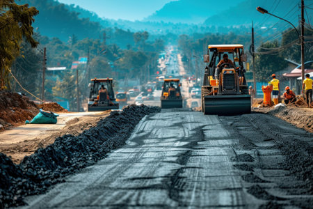 Group of Construction Workers Working on a Roadの素材