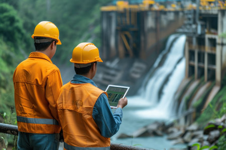 Two Men in Hard Hats Looking at a Tabletの素材