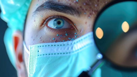 Man Wearing a Surgical Mask Looking Through a Magnifying Glassの素材