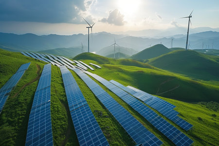 A Solar Farm With Wind Turbines in the Backgroundの素材