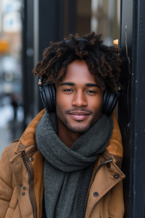 Man With Headphones Leaning Against a Wallの素材