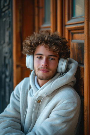 Man Wearing Headphones Leaning Against a Doorの素材