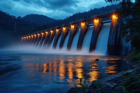 Illuminated Dam at Nightの素材