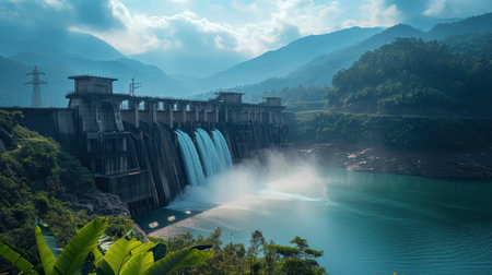 The Majestic Flow: A Large Dam With Water Pouring Outの素材