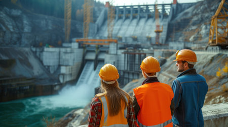 Three People in Hard Hats Looking at a Damの素材