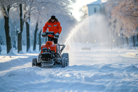 Man Riding Snow Blower Down Snow Covered Streetの素材