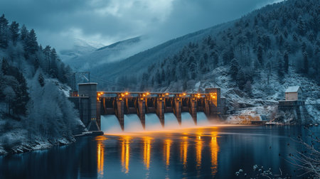 A Dam in the Middle of a Lake at Nightの素材