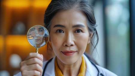 Woman Holding a Magnifying Glass in Front of Her Faceの素材