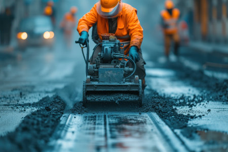 Man in Orange Jacket Operating Machineの素材