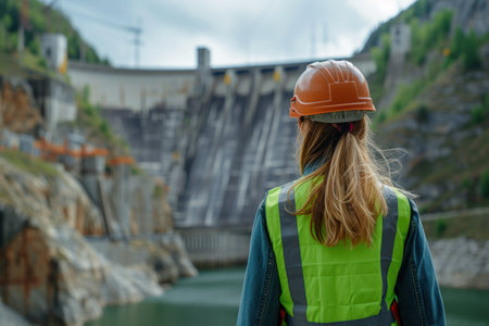 Woman Wearing Hard Hat and Safety Vestの素材