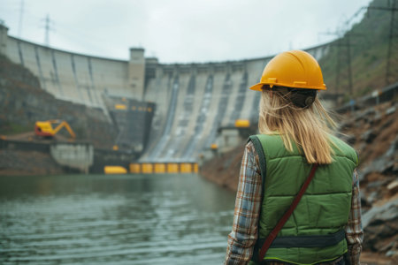 Woman Wearing Hard Hat Standing in Front of Damの素材