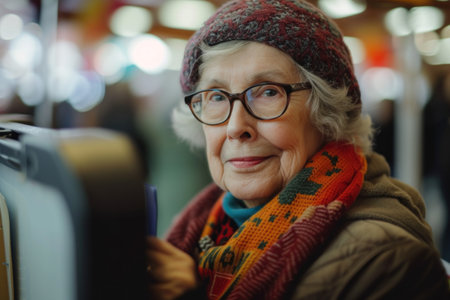 Elderly Woman Wearing Glasses and Knitted Hatの素材
