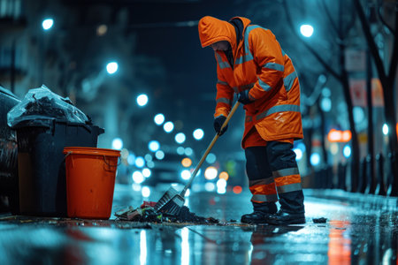 Man in Orange Jacket Cleans Streetの素材