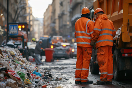 Two Men Standing Next to a Dump Truckの素材